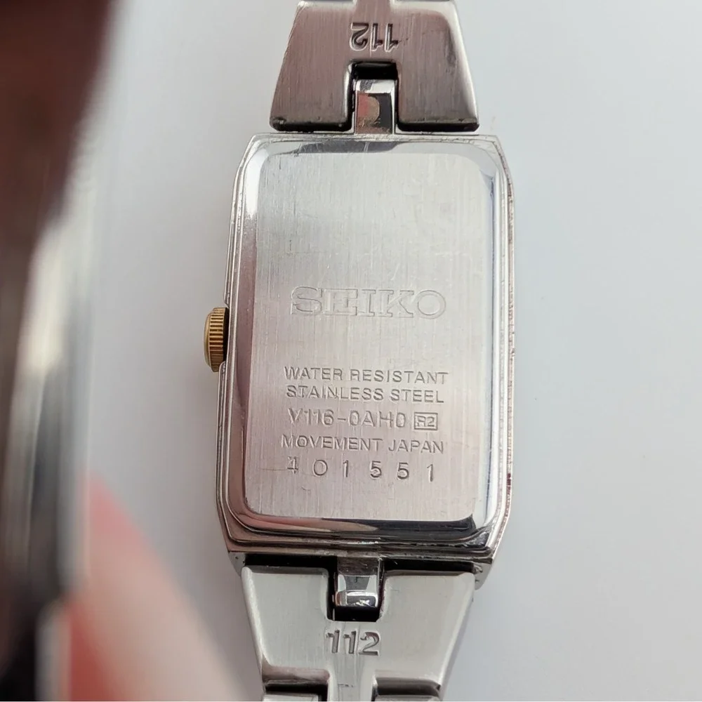 Seiko Solar Two Tone Black Sunburst Dial Rectangular Women's Watch V116-0AH0